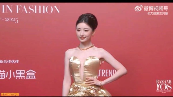 亮相红毯，金色礼服美丽闪耀