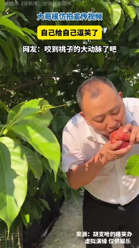 大哥模仿拍宣传视频,给自己逗笑了,第一次见水分这么多的桃子!