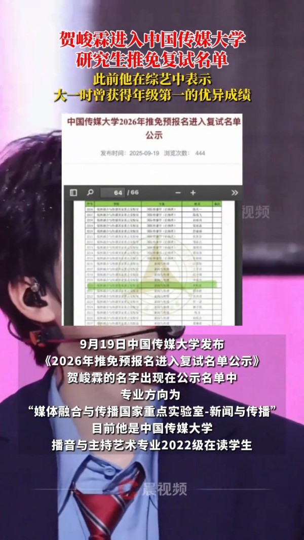 贺峻霖进中国传媒大学保研复试名单 粉丝：时代峰峻第一个研究生要出现了