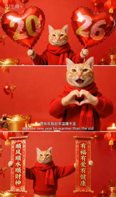 猫猫唱新年好,祝朋友们2026顺心顺意!