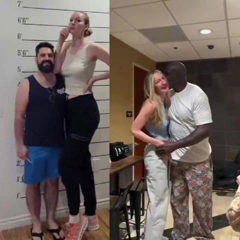 奥尼尔与世界上最高的专业女模特合影，还亲了人家