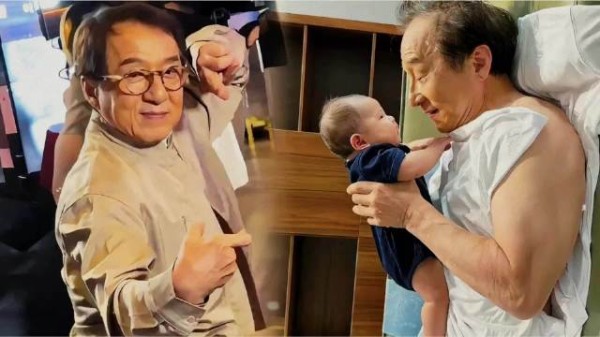 72岁成龙现身亲戚百日宴 光膀碰拳萌娃